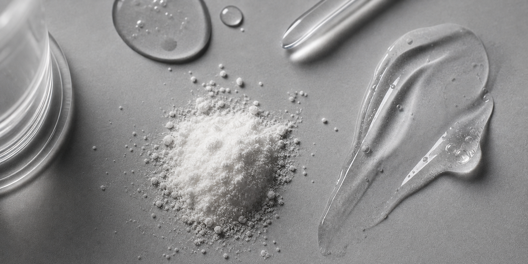 Ingredient powder, gel texture, and glassware detail on a gray surface